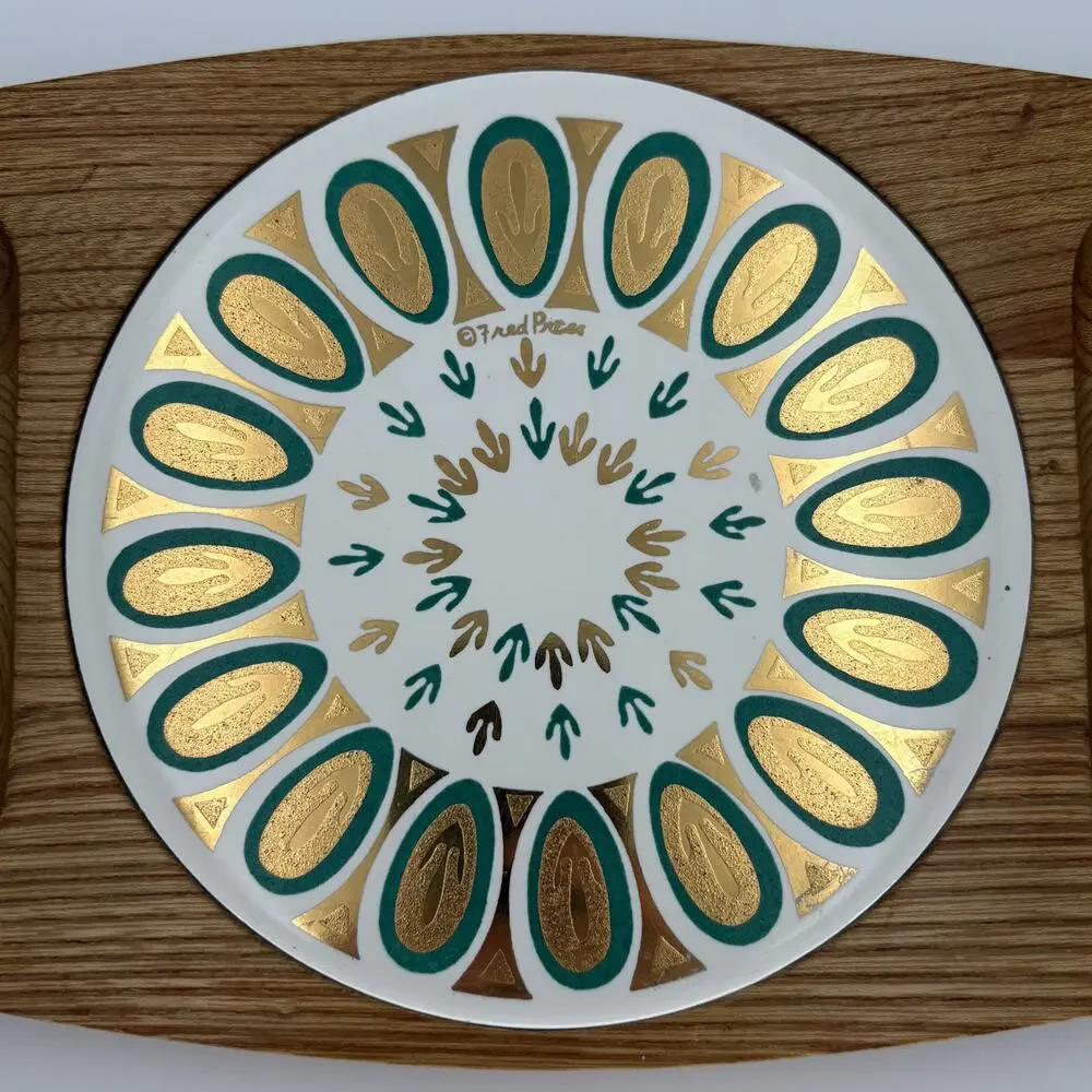 Vintage Fred Press Sere Wood Serving Tray MCM Ceramic Inlay Appetizer Platter